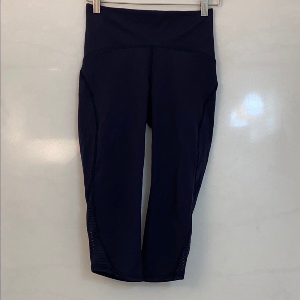Lululemon navy crop leggings with sheer sides